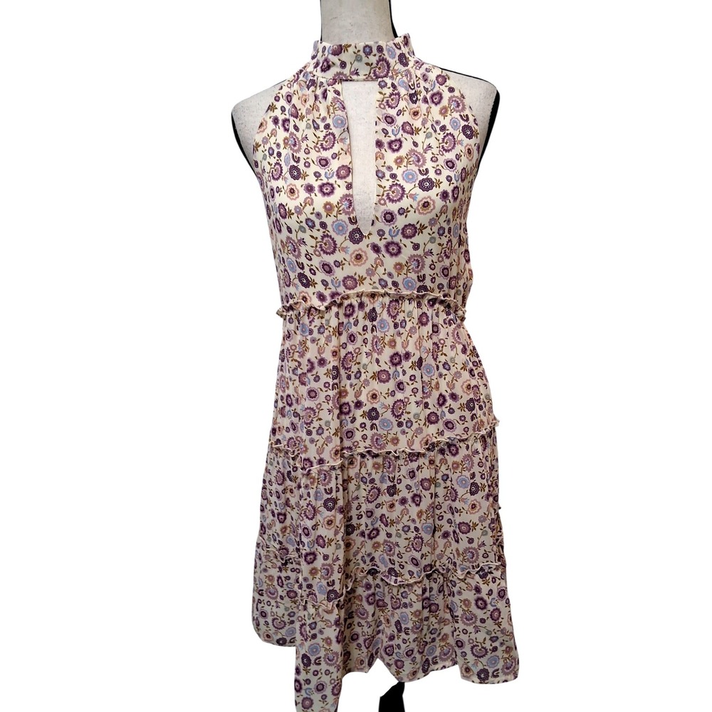 Urban Renewal Vintage Fabricโ Floral Halter Mini Dress Purple Cream Large L/G